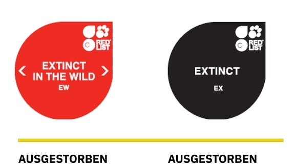 Zwei grafische Kategorie-Siegel in Kreisform mit Spitze nach oben rechts. Rotes Siegel für "Extinct in the wirld" mit Erklärung "Ausgestorben in freier Wildbahn" und Schwarzes Siegel mit "Extinct" und Erklärung "Ausgestorben".