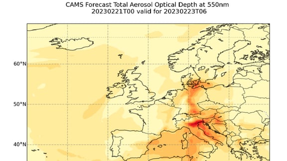 Vorhersage des Sahara-Staubs über Europa Febrzar 2023