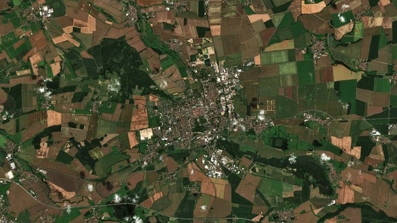 Satellitenaufnahme der Stadt Gotha vom 18. August 2021 mit dunklen, grünen Feldern und Wiesen in der Umgebung.