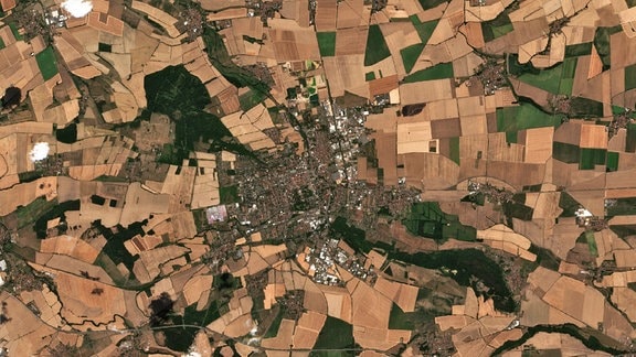 Satellitenaufnahme der Stadt Gotha vom 18. August 2022 mit braunen, vertrockneten Flächen in der Umgebung.
