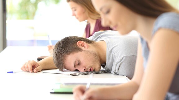 Seitenansicht: Ein Schüler oder Student hat den Kopf auf den Tisch gelegt und schläft, neben ihm notieren Schülerinnen oder Studentinnen in Hefte