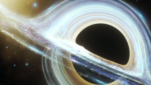 Computer Grafik eines Schwarzen Lochs, das von einer Akkretionsscheibe umgeben ist.