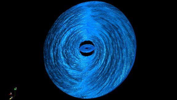 Vor schwarzem Hintergrund sehen wir zwei ineinander verschachtelte blaue Scheiben. Die äußere Scheibe ist sehr breit, die innere, im Auge der äußeren liegend, ist deutlich kleiner.