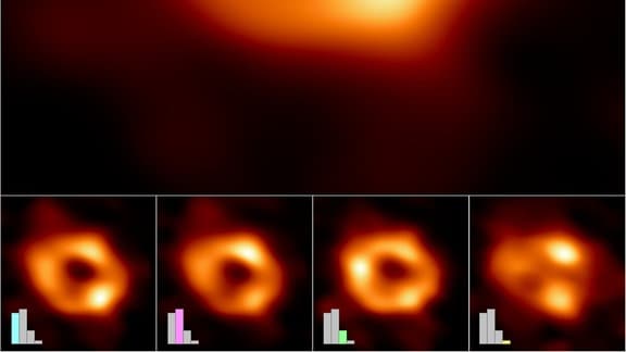 Das erste Bild des schwazren Lochs Sagittarius A* wurde aus verschiedenen Bildern zusammengesetzt. Hier ist oben das veröffentlichte Bild mit dem orange-gelben Ring um das Schwarze Loch zu sehen, unten sind drei ähnliche Bilder, die als Ausgangsbasis für das obere Bild dienten.