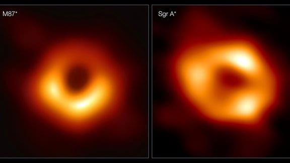 Vergleich der beiden Bilder der Schwarzen Löcher Sagitarrius A* und M87*