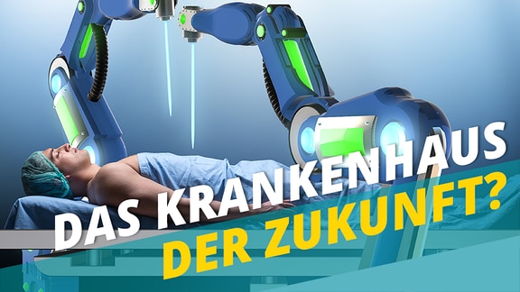 Ein Patient liegt unter zwei blauen Roboterarmen.