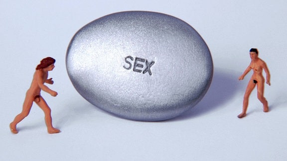 Mann und Frau als nackte Spielfiguren mit einem Wunschstein auf dem Sex steht