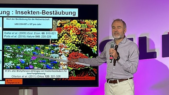 Ein Mann mit grauem Bart steht auf einer Bühne und zeigt auf eine Grafik neben ihm. Die Grafik ist mit "Insekten Bestäubung" überschrieben.