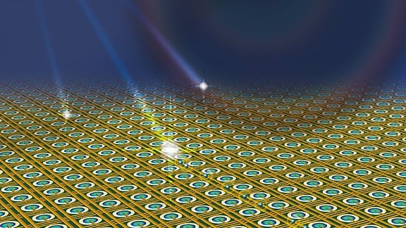 Computergrafik, die die Oberfläche eines SPAD-Sensors zeigt. Dieser Bildensor kann einzelne Lichtteilchen erfassen.