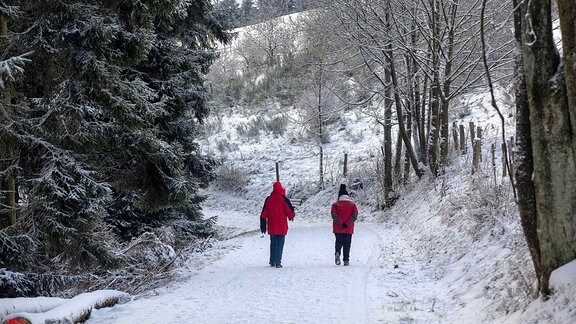 Spaziergänger in schneebedeckter Landschaft