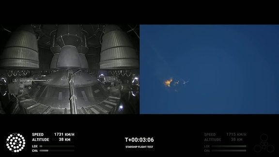 00:03:06 - Das Starship und sein Booster sollen sich trennen. Doch es gibt Probleme. Die Rakete fängt an zu taumeln.