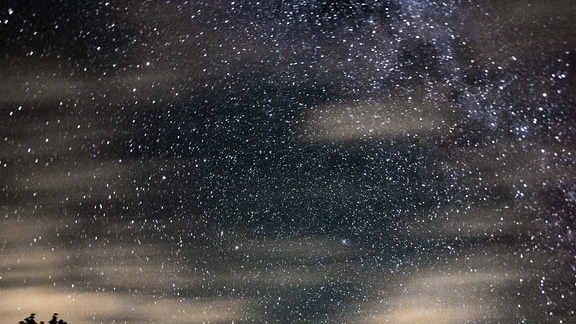 Eine Langzeitaufnahme des Sternenhimmels in Mitteldeutschland im August 2019, fotografiert in Richtung Norden. In der rechten Bildhälfte befindet sich der Polarstern.