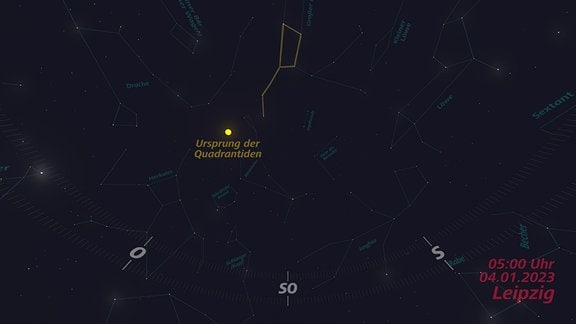Position des Ursprungs der Quadrantiden und des Großen Wagens am Himmel über Leipzig um 5 Uhr morgens am 4. Januar 2023