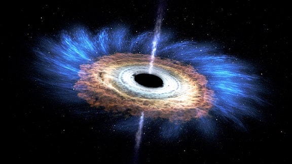 Künstlerische Darstellung eines supermassiven Schwarzen Lochs mit einer Akkretionscheibe und Jets mit fortgeschleuderter Strahlung über den Polen des Lochs