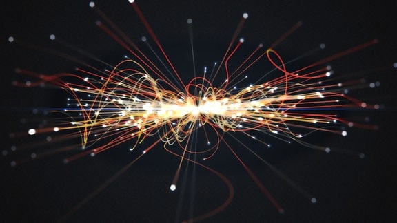Symbolische Illustration: Teilchen Treffen auf einander, eine Art Explosion, Teilchenpunkte werden nach außen gewirbelt, Flugbahn als Art Lichtschweif