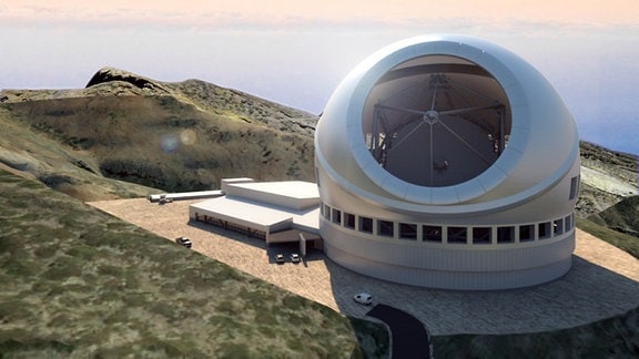 Computergrafik des Dreißig-Meter-Teleskops auf seinem alternativen Standort auf der Kanareninsel La Palma.