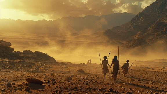 Eine Gruppe steinzeitlicher Menschen in einem steinigen Tal, im Hintergrund hohe Berge.