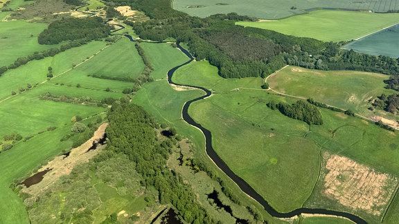 Ein Fluss schlängelt sich durch eine grüne Landschaft