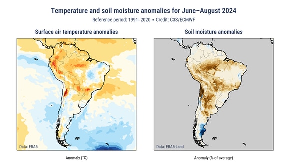 Zwei Karten von Südamerika die durch Einfärbungen zeigen: Im Jahr 2024 war es im Amazonasgebiet trockener und heißer als sonst üblich.