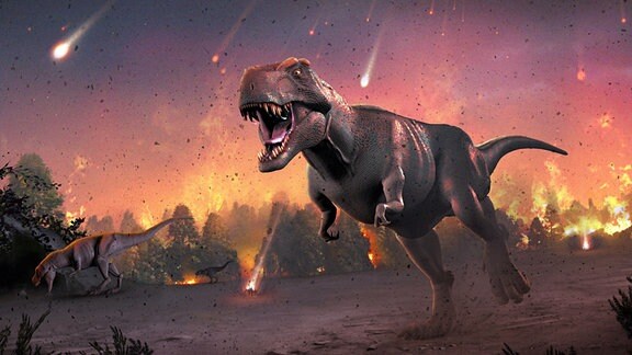 Grafik: Ein Tyrannosaurs Rex flieht vor einem Meteoritenhagel.
