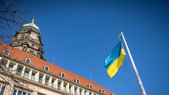 Die Fahne der Ukraine weht vor dem Rathaus Dresden. 