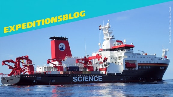 Das Forschungsschiff SONNE, daneben steht Expeditionsblog. (Titelbild für Verlinkung) 