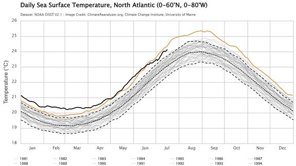 Auf einer Infografik sind die Messreihen der Temperatur des Oberflächenwassers der Nordsee visualisiert. Die zwei Linien der Jahre 2023 und 2024 verlaufen mit etwas Abstand über denen der Vorjahre. 