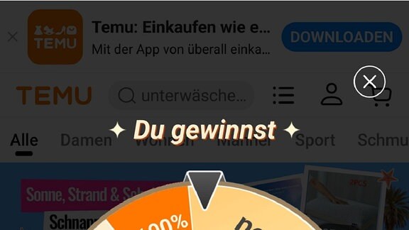 Glücksrad in der Temu-App als Screenshot und Autorin, die in der Temu-App scrollt