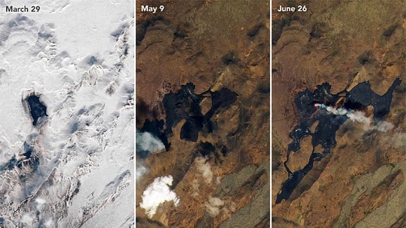 Bilder vom Landsat-8 Satelliten zeigen den Vulkan auf Island während des Ausbruchs und in der Zeit davor.