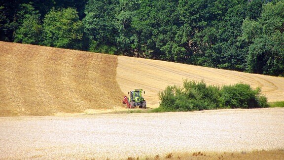 Ein Traktor pflügt ein Feld