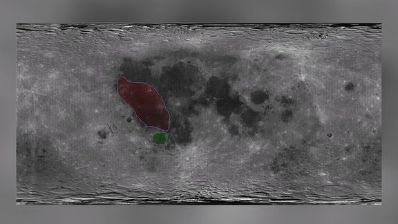  In dieser Karte vom Mond sind die Gebiete "Oceanus Procellarum" rot und "Mare Humorum" grrün eingekreist.