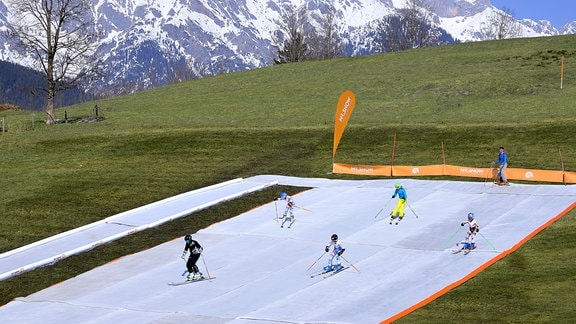 Auf einer grünen Bergwiese liegt eine riesige weiße Bodenmatte. Darauf fahren zahlreiche Skifahrer den Hang runter.