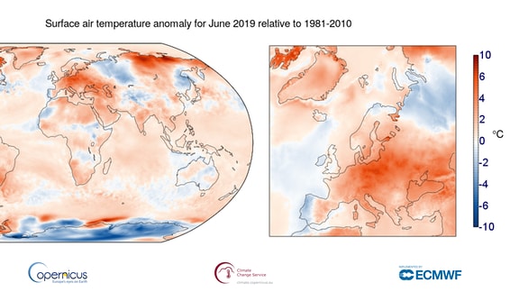 Eine Karte der Welt und Europas zeigt farblich die Hitzewerte des Juni 2019 an.