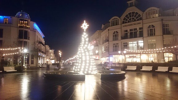 Ein beleuchteter Weihnachtsbaum steht auf einem Platz
