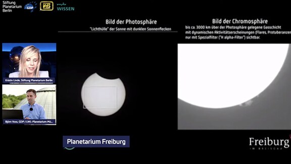 Das Maximum der ringförmigen Sonnenfinsternis vom 10. Juni 2021 über Deutschland. Screenshots vom Live-Stream von MDR Wissen und der Stiftung Planetarium Berlin