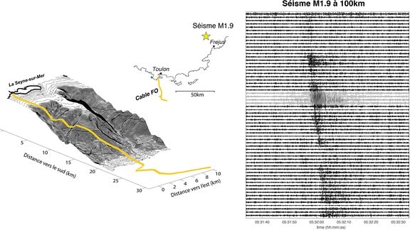Grafische Darstellung eines Unterseekabels und seinem Verlauf von der französischen Küste in die Nordsee sowie Grafik, die die seismischen Messeungen mit diesem Unterseekabel zeigt.