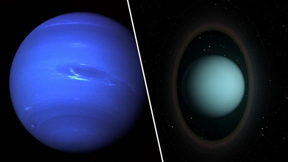 Eine Weltraum-Collage von den Eisriesen Neptun (l.) und Uranus (r.). 