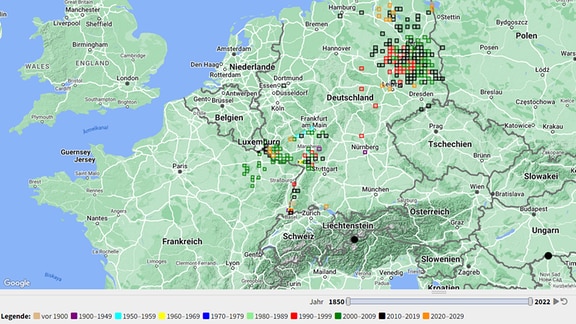 Eine Europakarte auf der im Osten Deutschlands verschiedenfarbene Kästchen das Vorkommen der Ammen-Dornfinger-Spinnen an verschiedenen Standorten in verschiedenen Zeitabschnitten anzeigt sind. Gibt man im Schieberegler 1990-2022 ein, sieht man, dass sich das Vorkommen der Spinne im Osten Deutschlands gehäuft hat