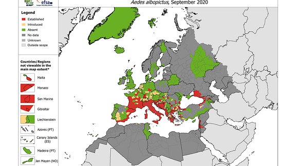 Karte mit dem Verbreitungsgebiet der Tigermücke in Europa und Nordafrika.