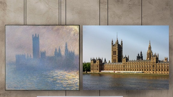 Die Houses of Parliament in London, links oben gesehen durch den Londoner Nebel von Claude Monet, rechts eine Fotoaufnahme bei klarer Luft, unten eine bei Nebel.