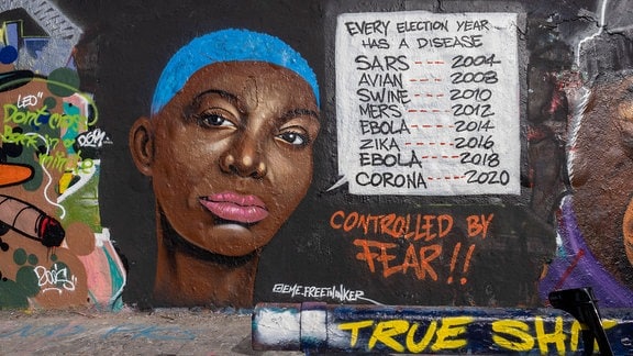 Graffitimauer in Berlin - Frau mit Textblase (englisch) "Bei jeder Wahl gab es eine Pandemie - gefolgt von Jahreszahlen 2004 SARS - 2008 Avian -2010 Schweinegrippe - 2012 Mers - 2014 Ebola - 2016 Zika - 2018 Ebola - 2020 Corona." Darunter steht ''Kontrolliert durch Angst''.