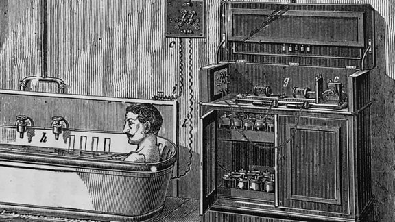 Elektrisches Wasserbad - in zeitgenössischer Darstellung - Ein Mann sitzt in einer Wanne an der eine elektrische Apparatur angeschlossen ist.