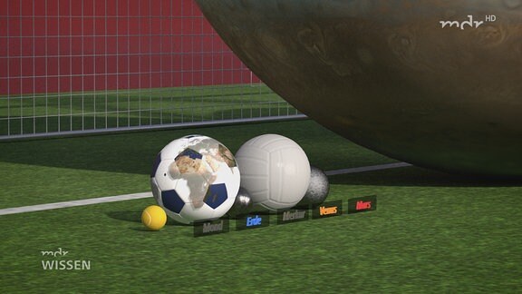 Die Planeten des Sonnensystems sind als Bälle dargestellt und liegen auf der Grundlinie eines Fußballtores. Während die Erde ein Fußball ist, ist der Jupioter eine riesige Kugel, die die Höhe des Tores voll ausfüllt.