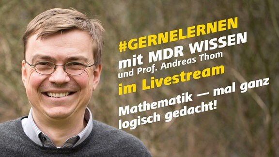 Prof. Andreas Thom von der TU Dresden. Schrift: #GERNELERNEN mit MDR WISSEN und Prof. Andreas Thom im Livestream. Mathematik - mal ganz logisch gedacht. 