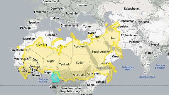Umrisse Russlands und Deutschlands in Originalgröße über Karte der Nordhälfte Afrikas gelegt
