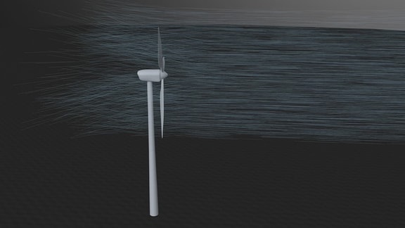 Windkraftanlage mit Verwirbelungen (künstlerische Darstellung)
