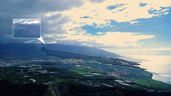 Der neuentstandene Tajogaite-Vulkan auf La Palma (Kanaren, Spanien), etwa 2,5 Jahre nach seinem Ausbruch im Jahr 2021.