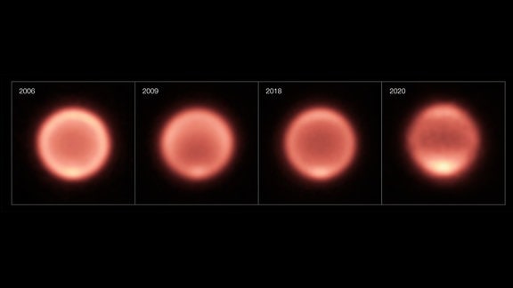Vier Wärmebilder des Planeten Neptun, die den Zustand 2006, 2009, 2018 und 2020 zeigen. In diesem Zeitraum kühlte der Planet ab, wurde zum Ende hin aber wärmer am Südpol.
