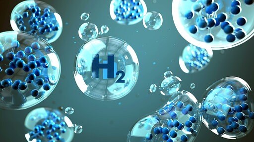 Illustration mit Wasserstoffmolekülen und Text H zwei