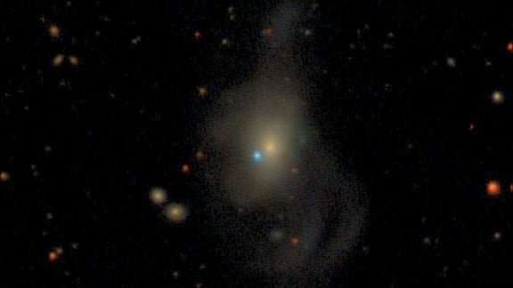 Der blaue Punkt zeigt den ungefähren Ort der Supernova des Weißen Zwergs, genannt SN2019yvq.